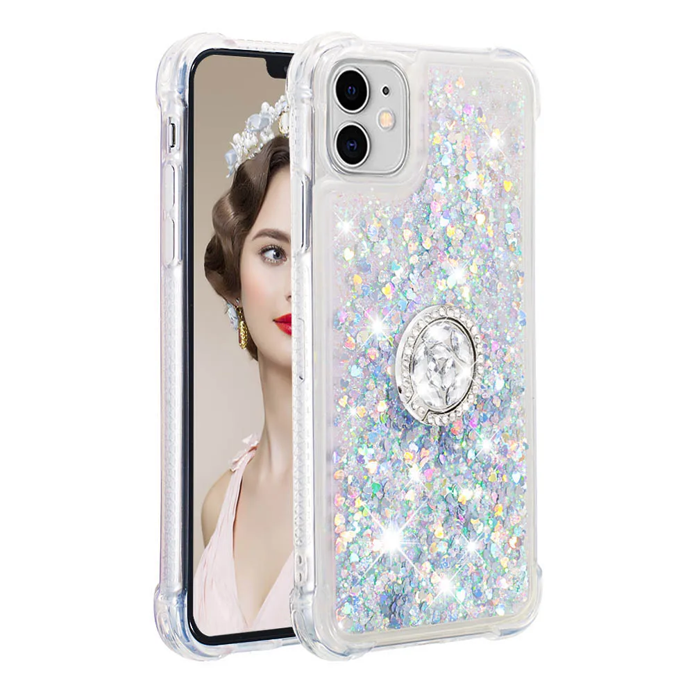 Luxury Glitter Case for iPhone 14 13 Pro Mini Floating Liquid Bling Sparkle Luxury Quick Sand Cover For Girl With Ring Holder