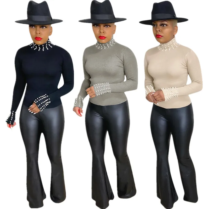 Winter pearl ribbed elastic high neck long sleeve crop top shirt