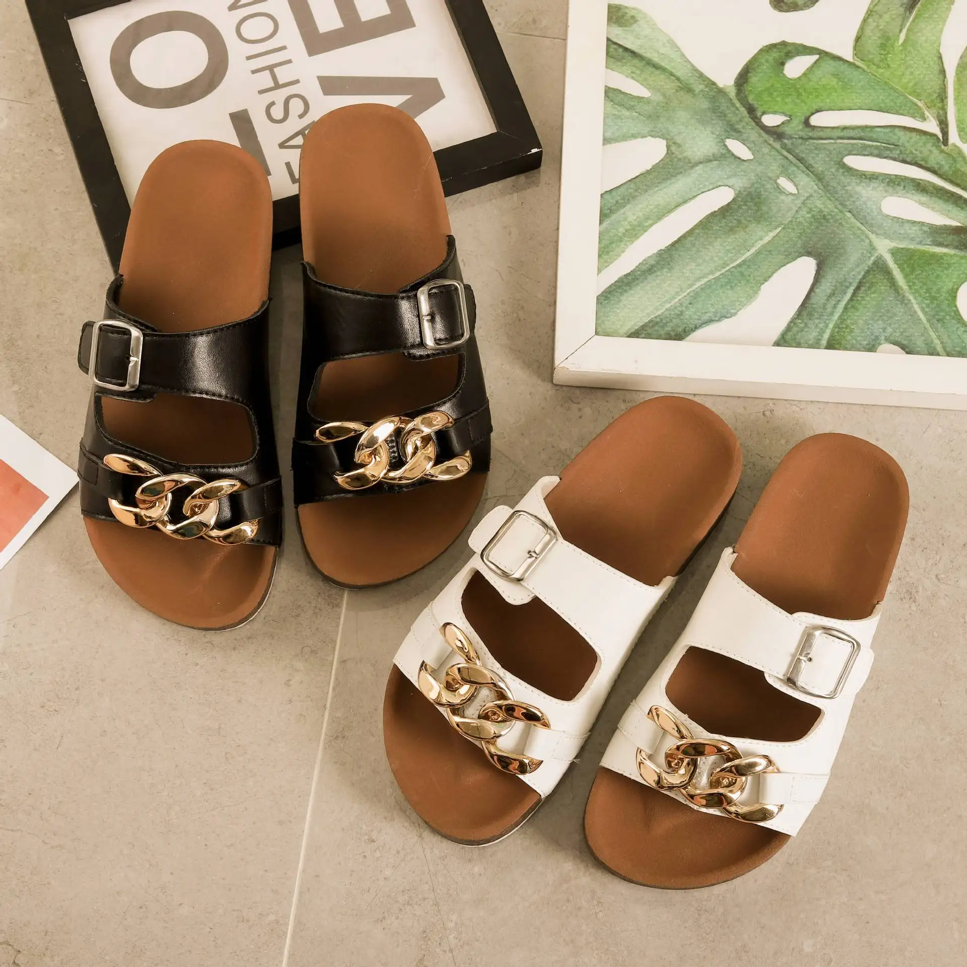 RN-18 2022 Double Cross Strap Buckle Cork Sole Slipper for Women beach sandals flat open toe summer shoes wholesale