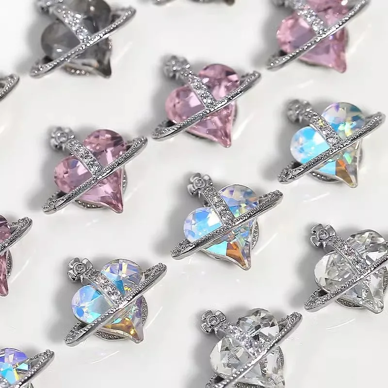 wholesale Nail jewelry saturn heart western empress chrome heart nail rhinestone charms planet western nail art for manicure