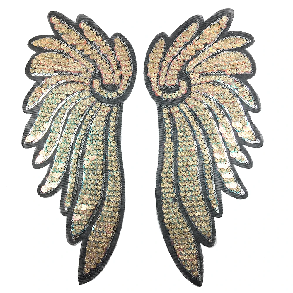 High Quality Large Gold Silver Angel Wings Pair Heat Transfer Embroidery Sequin Patches For Jacket