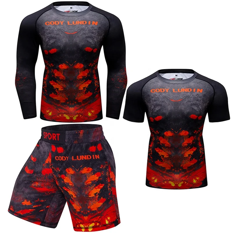 Custom Printed Designs Men Sports Suit MMA Rashguard Quick Dry Sportswear Compression Clothing Fitness Muay Thai Shorts kit