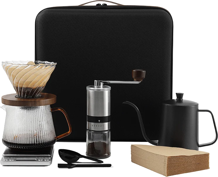 Stocked Portable Camping Travel Bag Coffee Sets Pour Over Gift Kit Coffee Set with Manual Coffee Bean Grinder