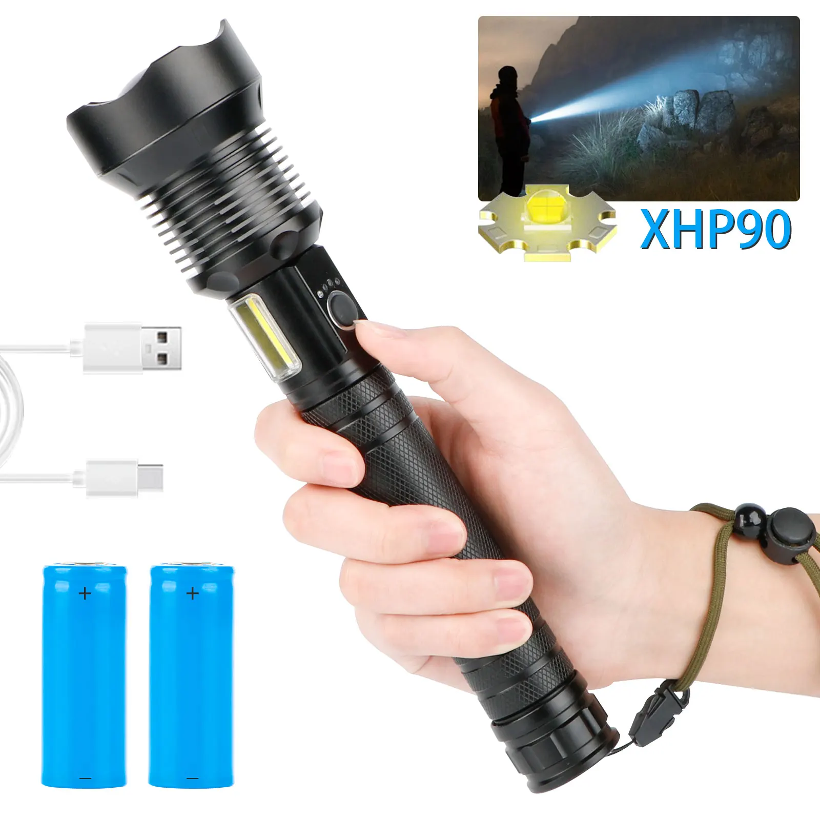 XHP90 LED USB Rechargeable Flashlight High power Waterproof LED USB C Torch Light Zoomable Lamp for camping Side COB Lights