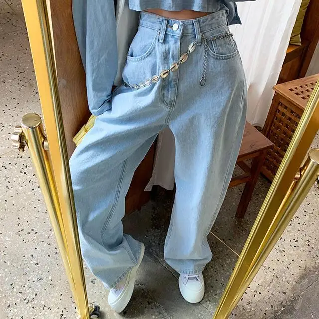 Liluo Woman Jeans Pants Washed Light Blue Pants Large Size High Waist Straight-Leg Denim Pantalones Vaqueros Mujer