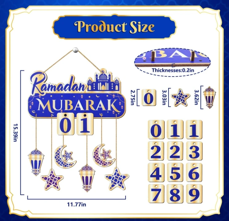 39*30cm Muslim Ramadan Party Door Sign Moon Star Wind Light Castle Shape Ornament Eid Islamic Decor Plywood Eid Countdown Decor