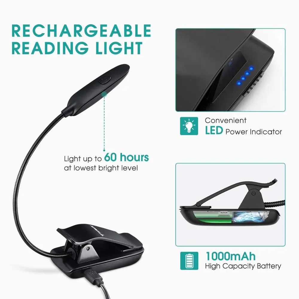 Gooseneck Clip on Reading Lamp, 7 LED Book Light with 3 Brightness ,3 Color Temperature , USB Rechargeable