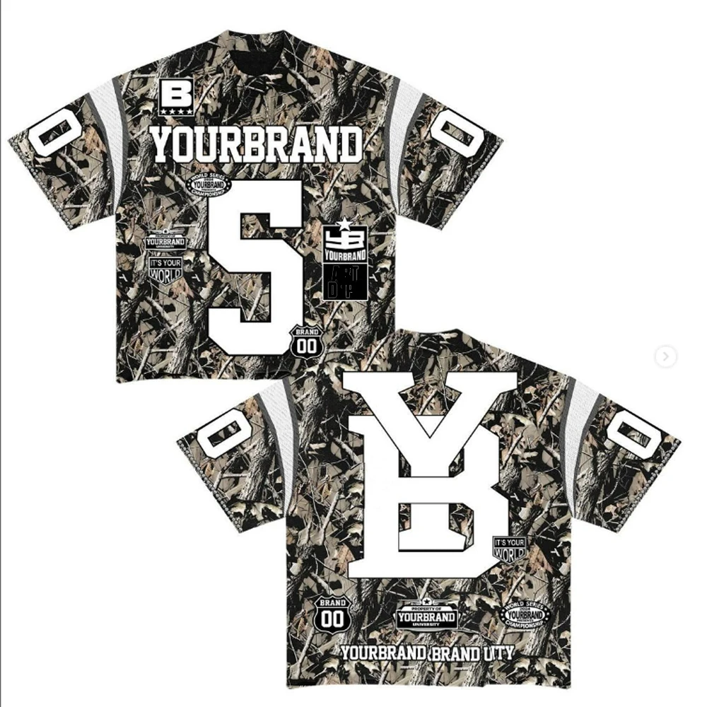 High Quality Mesh Jersey Tshirt Dtg Over All Printing Distressed Tee T Shirts Custom V Neck Vintage Camo Graphic T-shirt