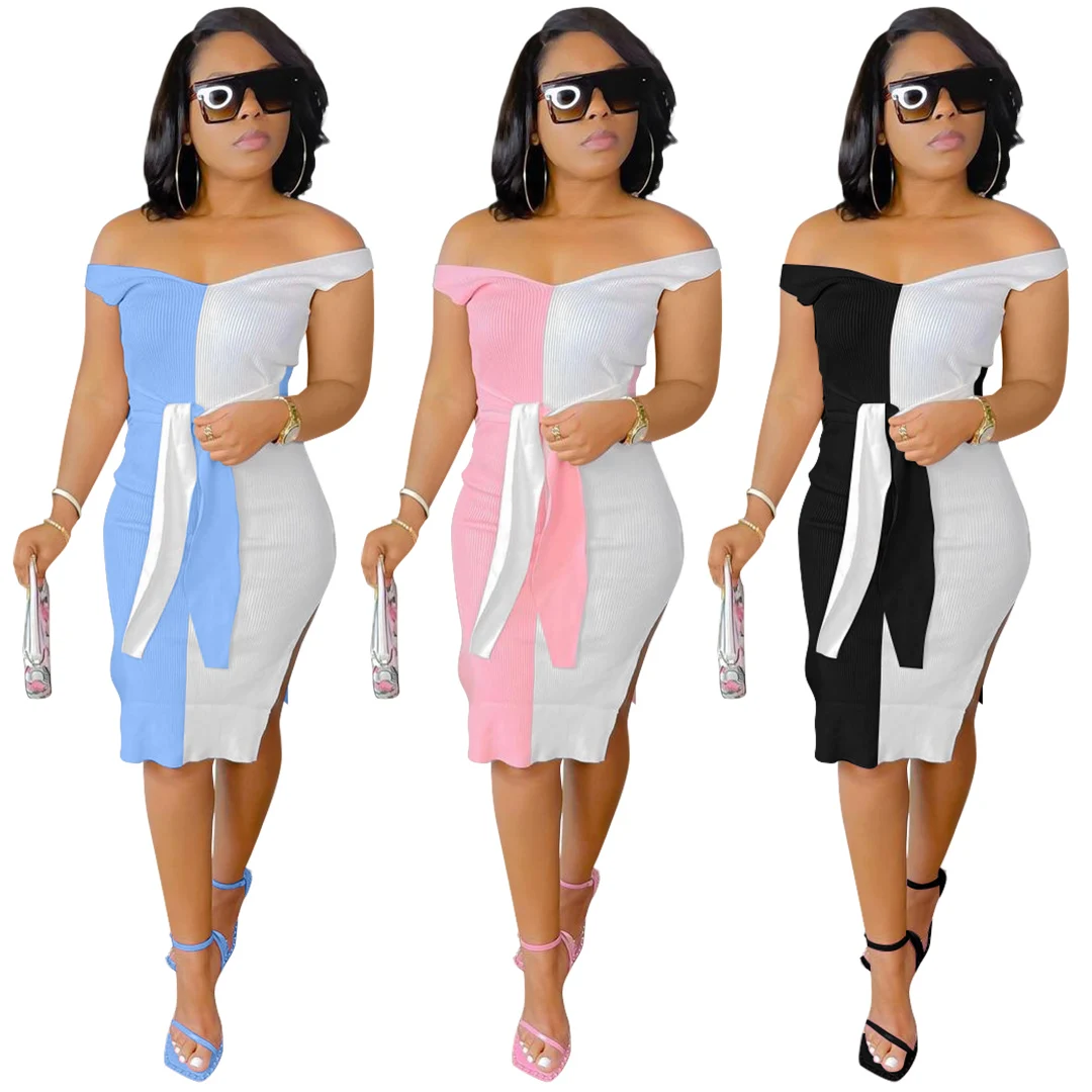 Summer Casual Sexy Split  Ribbed Hit Color Personality Off Shoulder Belt Straps Maxi Dresses Women