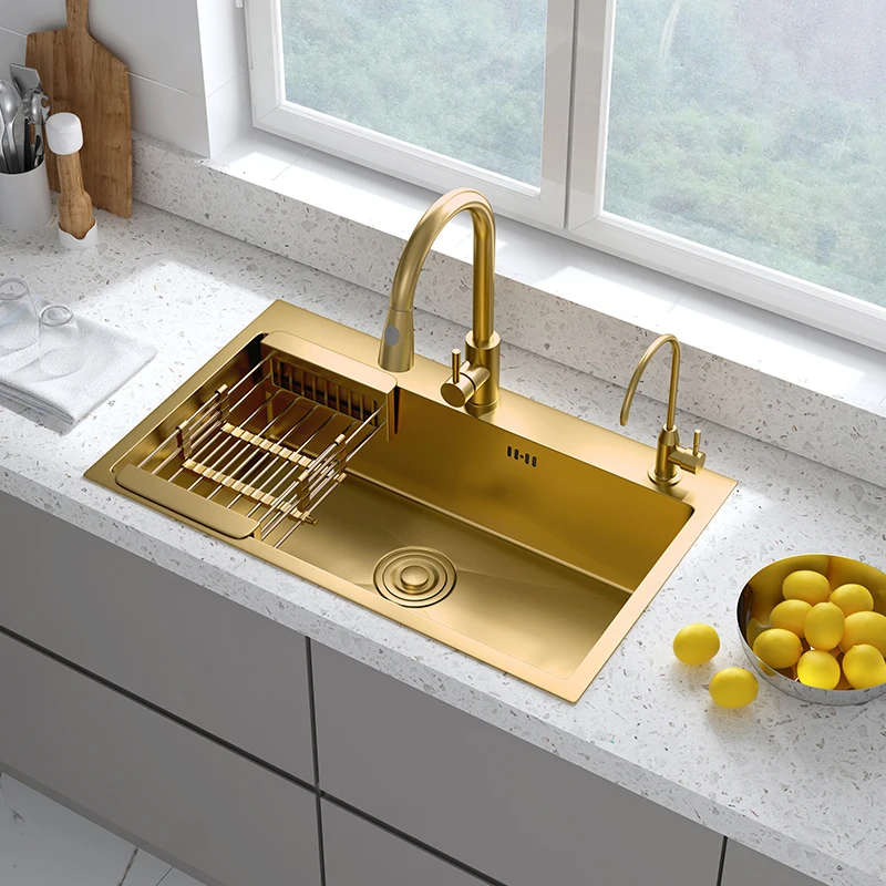 2022 Modern Simple Factory suppliers Wholesale Gold undermount 304 Stainless Steel Nano Kitchen Sink