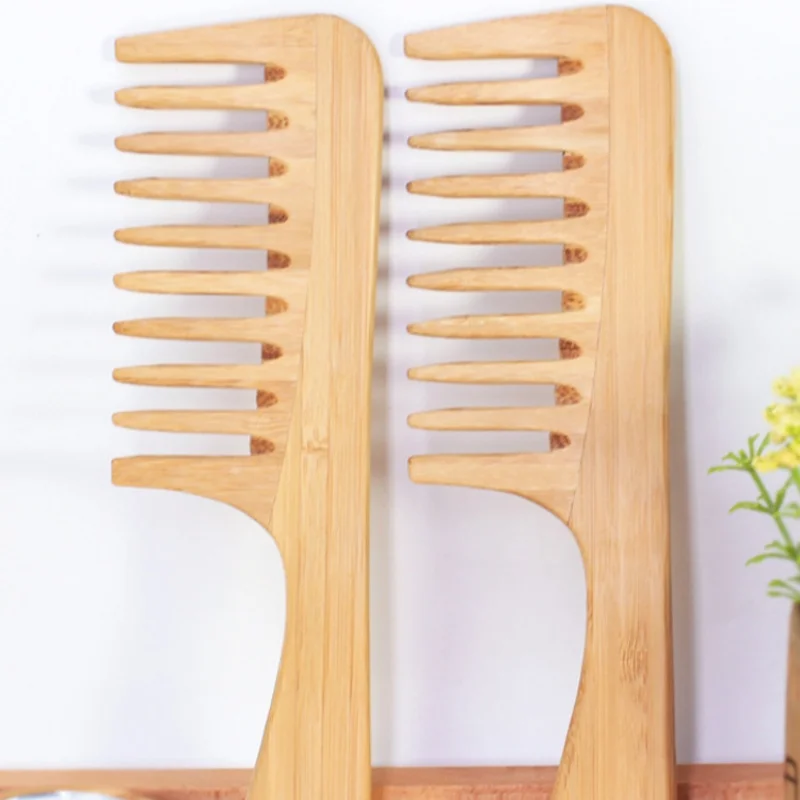 Laser logo bamboo wide tooth comb Handmade Natural color Hair Comb for Women