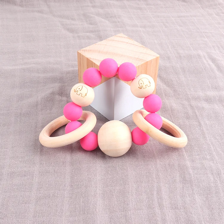 BPA free Food Grade Silicone Chew teething toy Bracelet Wooden Teether with Beads Baby teething toy