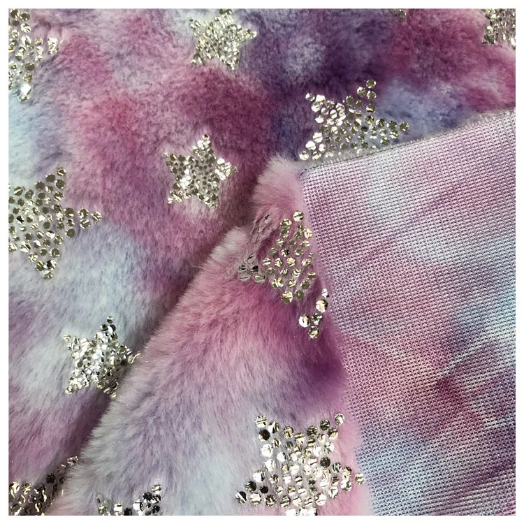 
100% polyester tie dyed faux fur fabric foil printed fake hair like bronzed plush rabbit fur gilded 