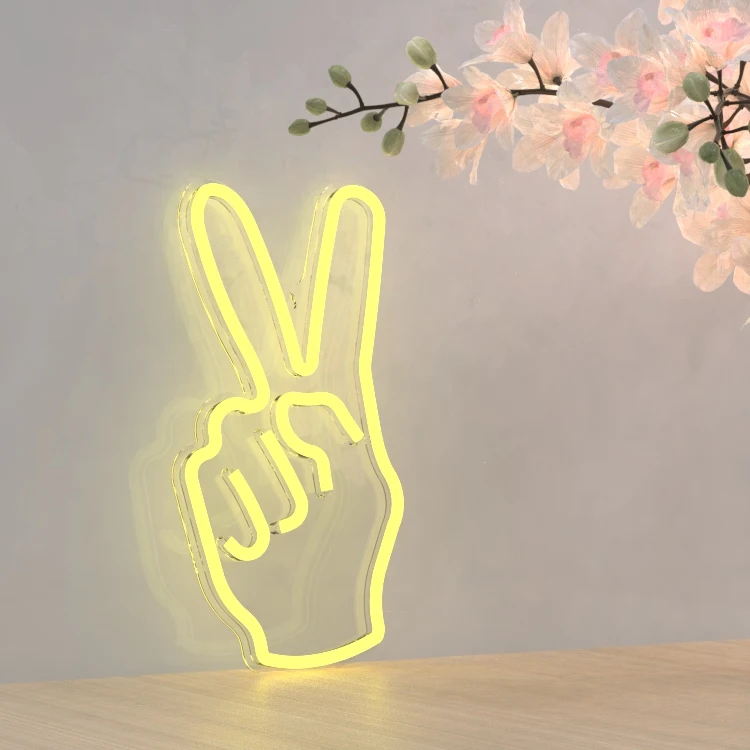 Custom cheapest single color yeah shape modelling light plastic led victory sign neon lights with backboard for restaurant