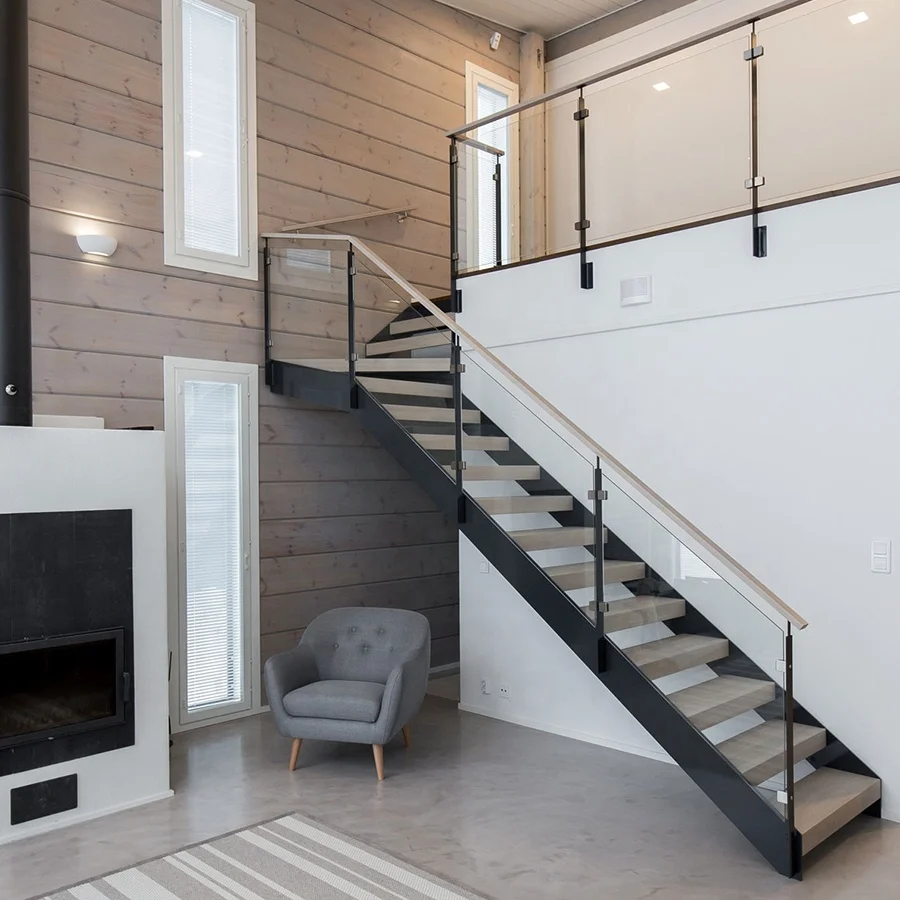 Canada Style Marble Stair Design, Interior Invisible Stringer Floating Stairs With 40mm Oak Wood Tread From GAOBO Factory