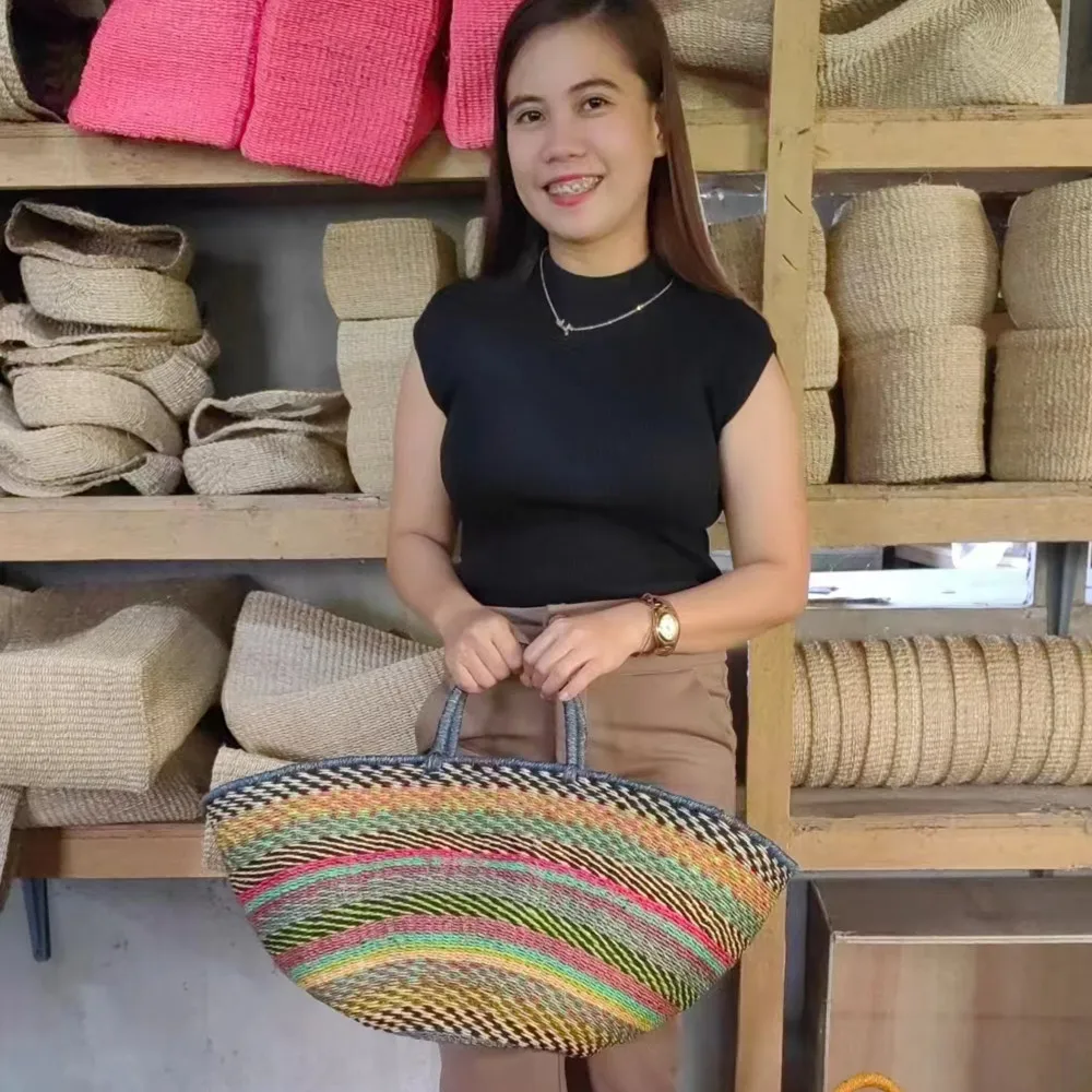 Handwoven Nature Fiber Tote Bag Custom Patterned abaca Raffia  Braided Weaved Basket for Fruit Shopping Fashion Gift