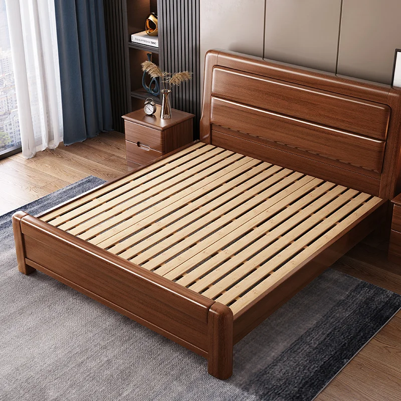 Luxury bedroom furniture set walnut bed modern Chinese double solid wood bed 1.8m wedding storage king bed