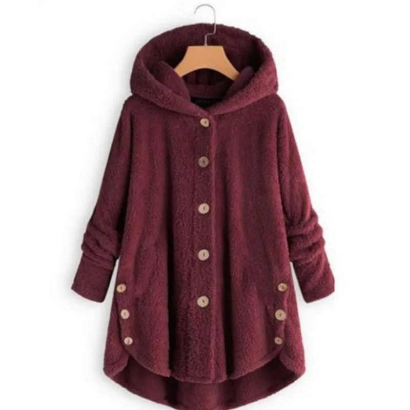 High Quality Fashion Winter Women Button Plush Top Irregular Thicken Pure Color Jacket