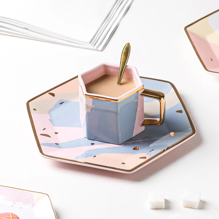 Hexagonal Porcelain Coffee Cup and Saucer Set Wholesale