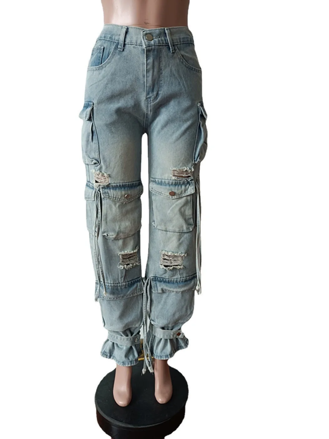 Women Safari Style Ribbed Baggy Drawstring Hem Elastic Waist Multi Pockets Denim Pants 2023 INS Fashion Trend Cargo Jeans