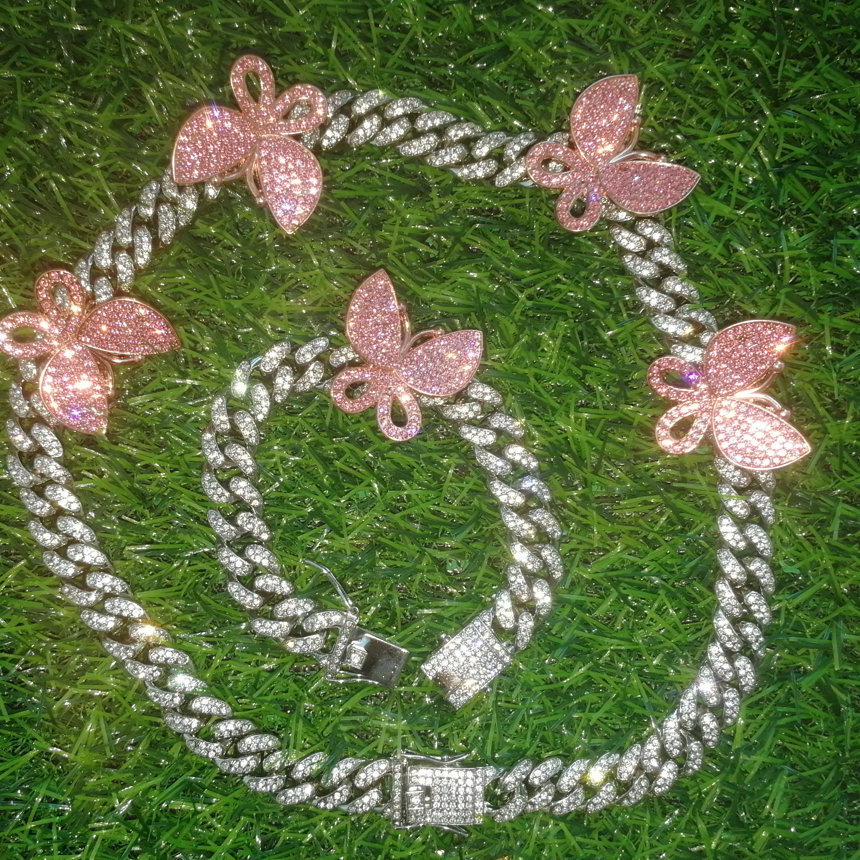 ICED OUT BLING hiphop women girl jewelry cuban link chain blue butterfly necklace