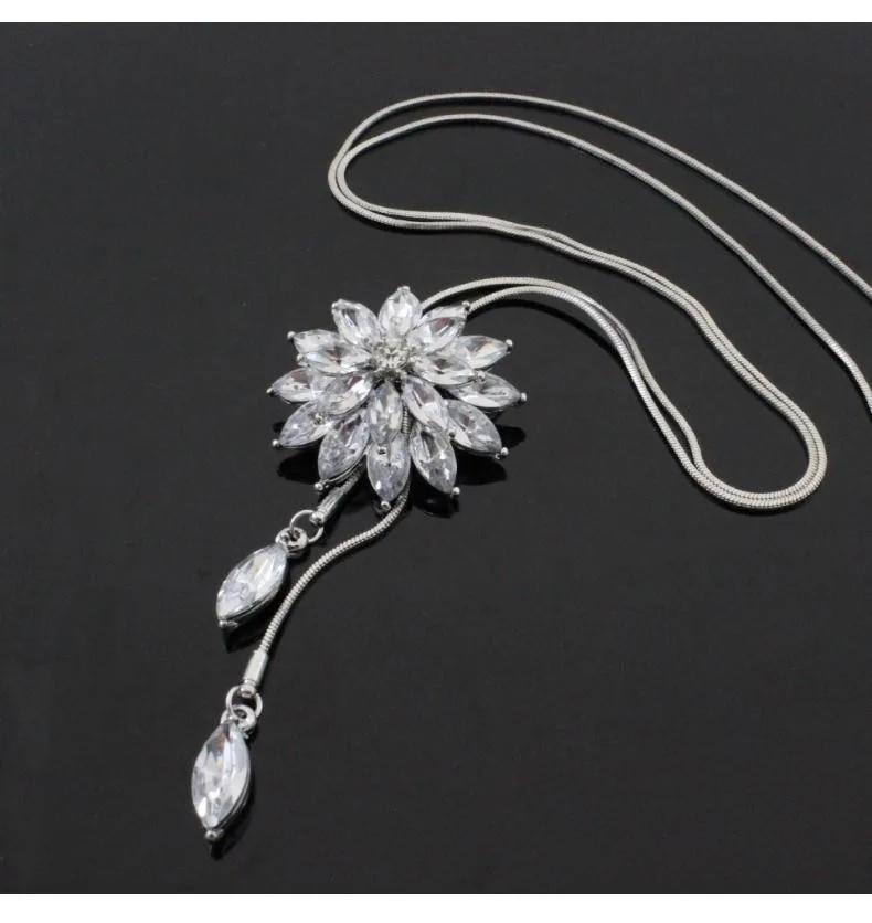 Lotus Decorative Pendant Autumn and Winter Snow Flower Crystal Zircon Sweater Chain Fashion Long Tassel Necklace