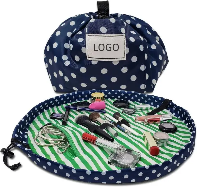 Custom polyester waterproof travel lazy storage drawstring makeup bag custom size color portable large capacity makeup bag