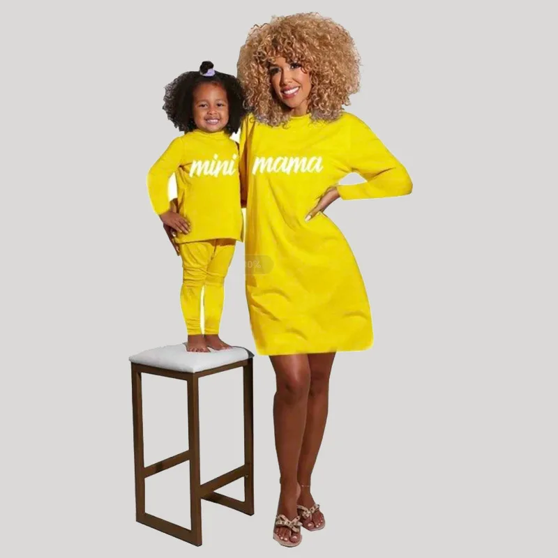 C193-1 wholesale custom logo baby dresses little girl fall solid mama mini sets pajamas two piece set mommy and me outfits