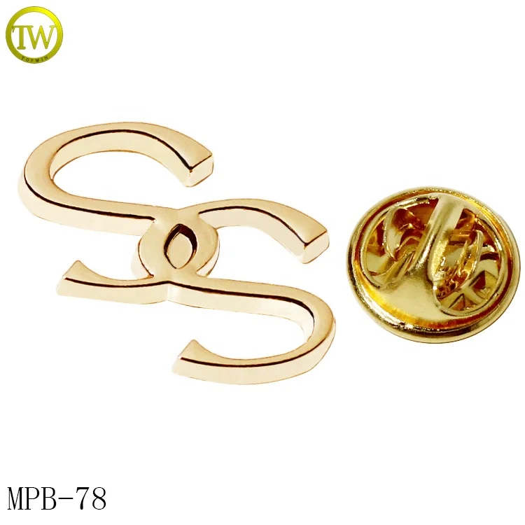 Custom stylish gold letter name lapel pins clothing accessory brand butterfly pin badge for suit jacket