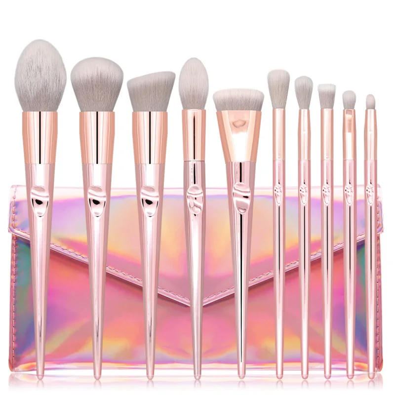 Wholesale Professional 10 pcs Rose Gold Handle Blush Make Up Brushes Girls Daily Makeup Brush Set With Bag