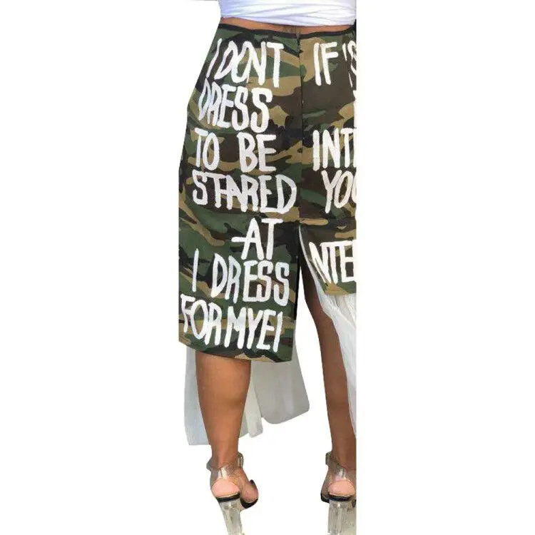 2021 Summer New Design Women Fashion Print Camouflage Mesh Stitching Leisure Skirt