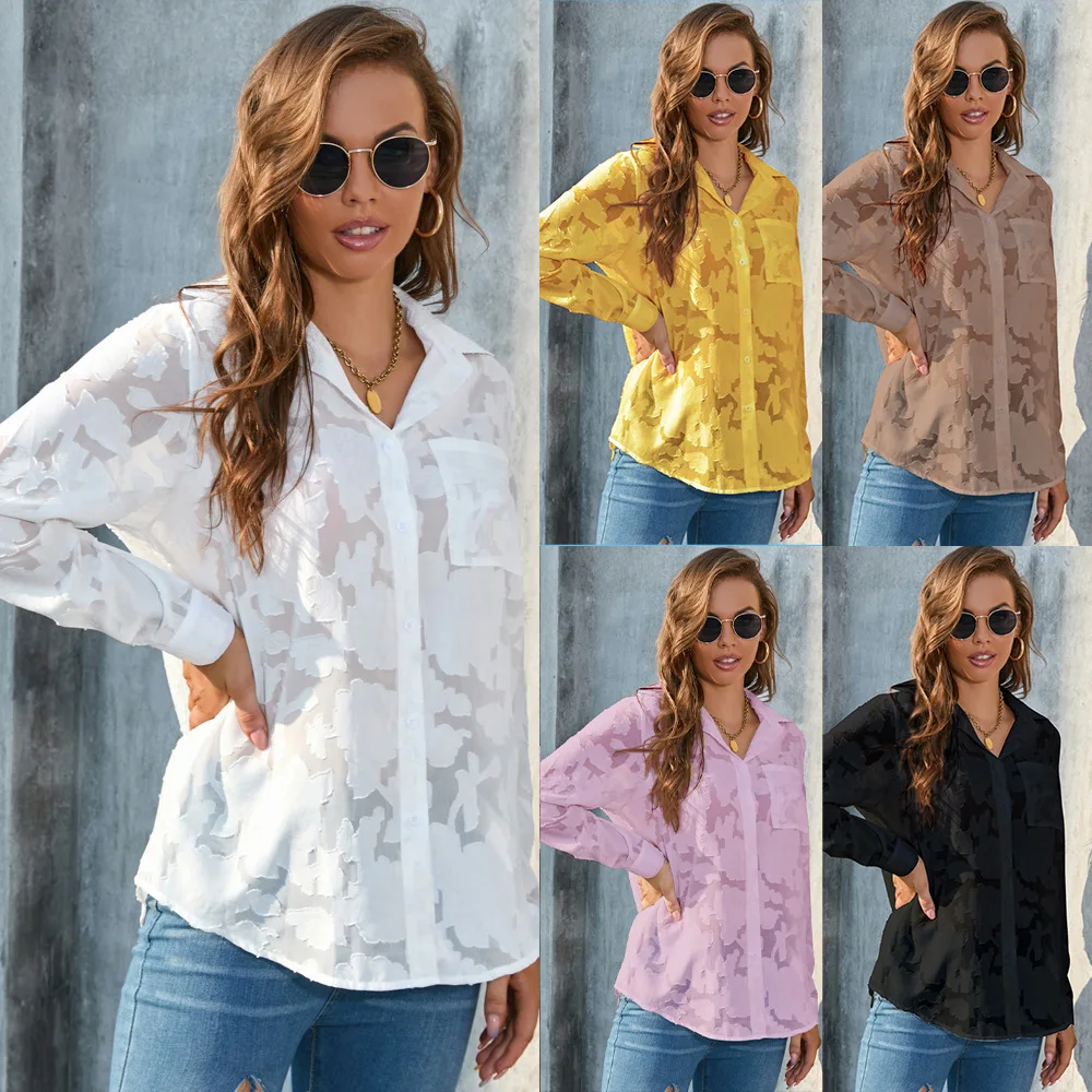 Hot Sale Jacquard Fabric Over Size Women Shirt Loose Fit Casual Chiffon Blouse Big Size Shirt