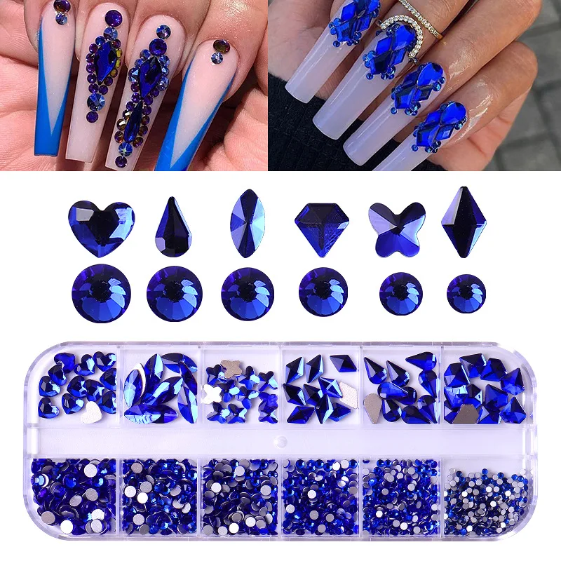 Colorful Nail Rhinestones 12 Grid Glass Flatback Nail Gems Round Crystal Manicure Diamond Gemstones for Nails Decoration