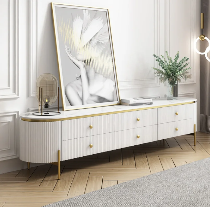High Quality Luxury 6 Drawers TV Stand Gold Stainless Steel White Gloss Wood TV Bench for Home Hotel