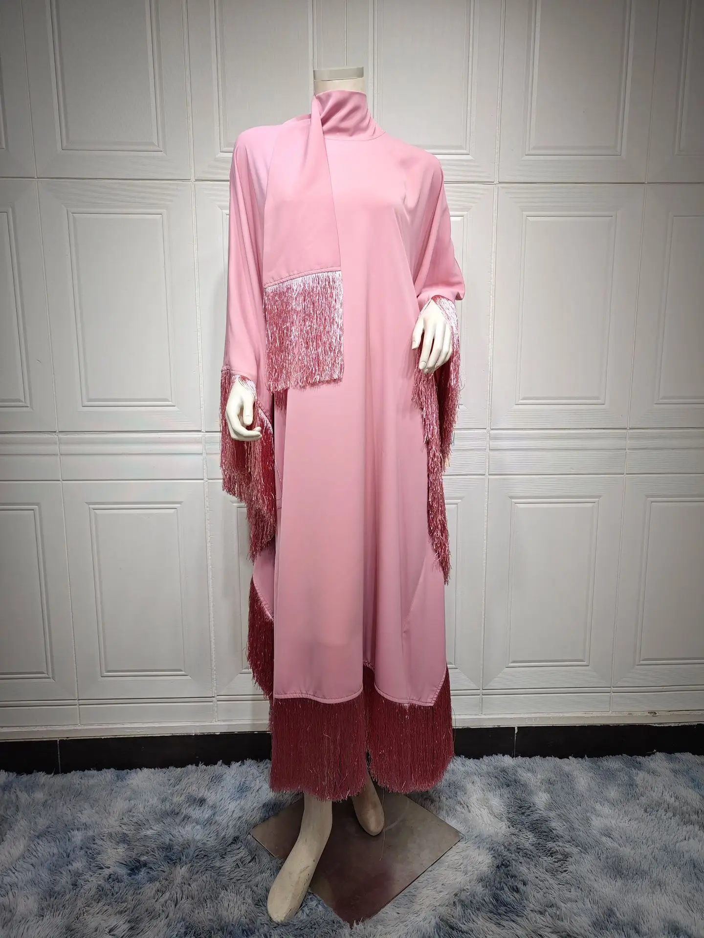 PROMISTAR Bat Sleeve Tassel Kaftan Muslim Women Modest Party Dress Summer Made from Silk Viscose Long Fashion Abaya Adults