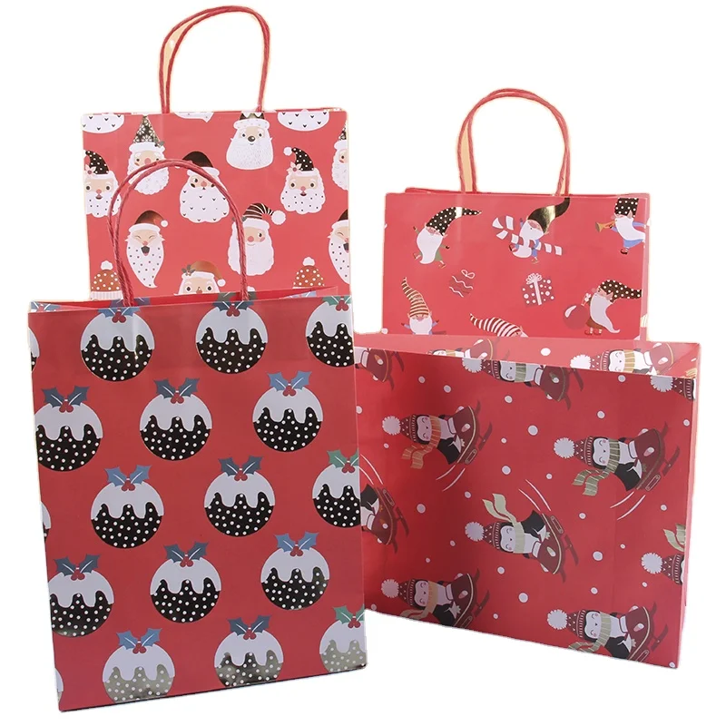 Red color snow man brown kraft paper christmas gift bags with twisted handle