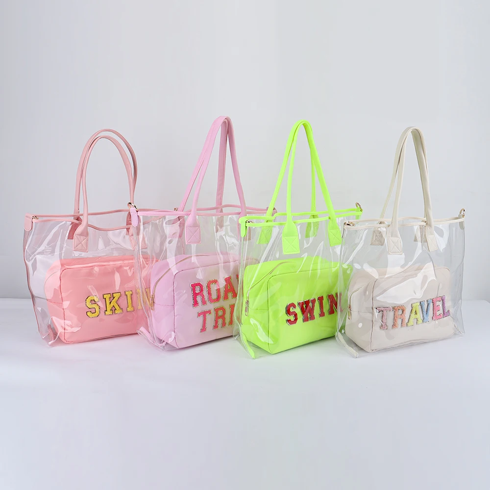 Low MOQ 10 Bright Colors Waterproof Beach Tote Large Clear PVC Handbag Women PVC Tote Bags Transparent Bag