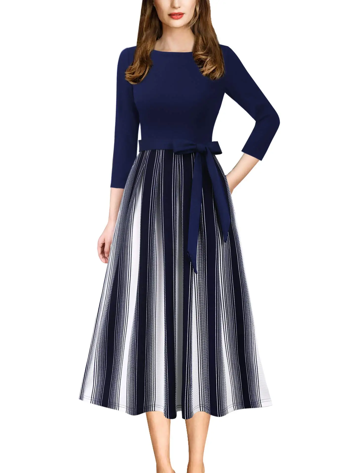 Cyalaa YM234 Womens Work Office Career  Wear Business Dress Elegant Patchwork Pockets Print Work Casual A-Line Midi Dress