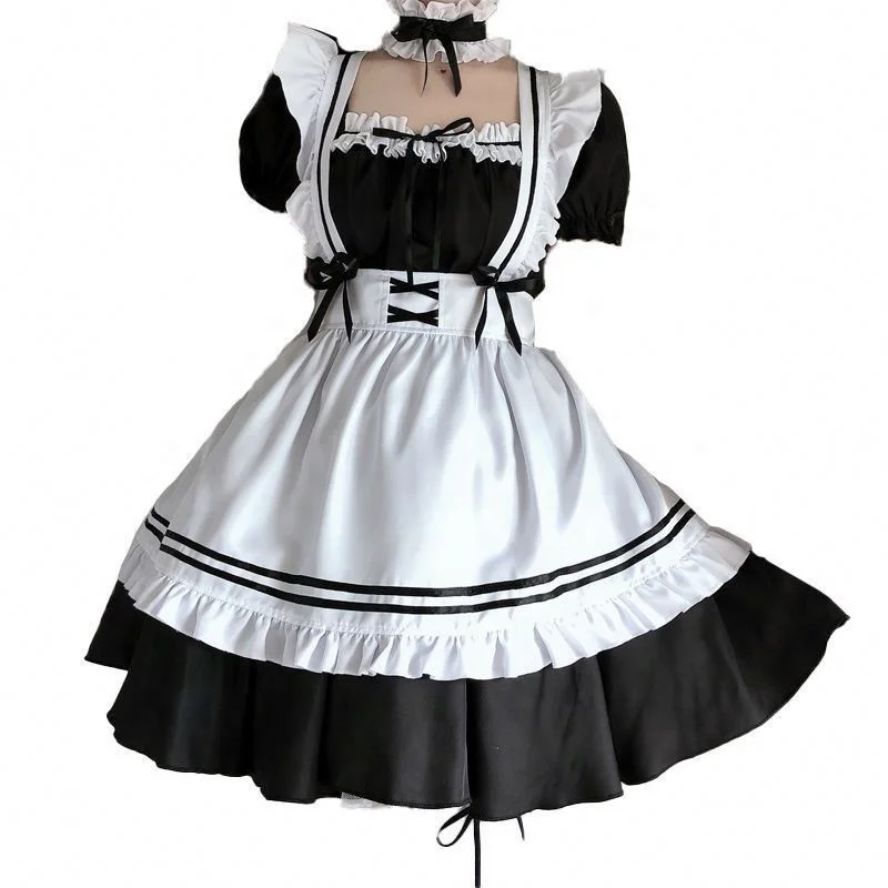 Plus Size Lolita Dress Anime Cosplay School Girl Maid Uniform Goth Lolita Black White Medieval Dress Short Sleeve Apron Outfits