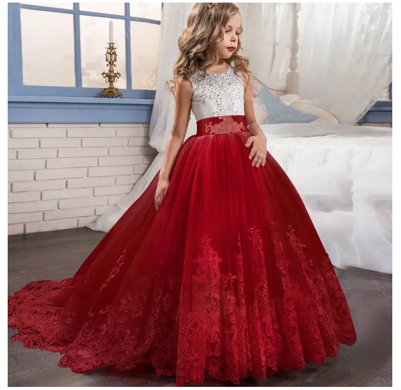 88406  Kids Birthday Boutique Clothing Luxury Lace Long Frock Flower Girl Wedding Communion Pageant Dress