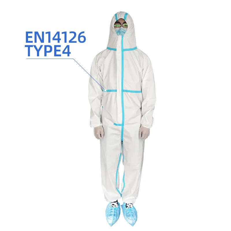 
disposable isolation gown PP+PE 63gsm non woven coated EN14126 type 4 waterproof coverall protection 