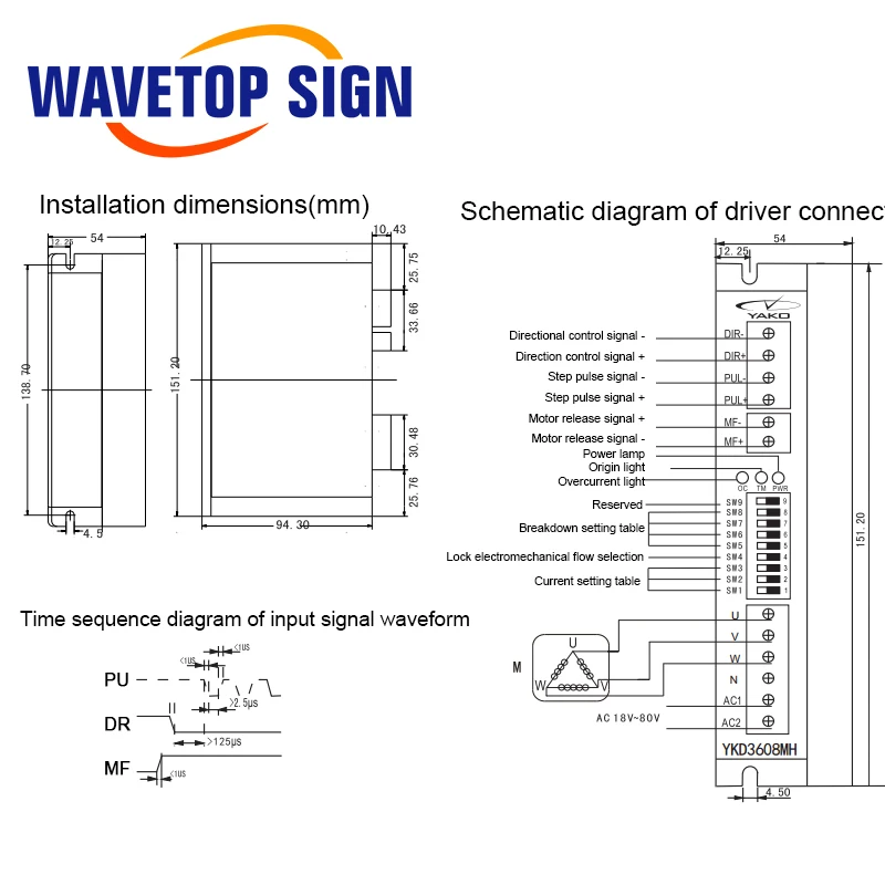 WaveTopSign YAKO YKD3608MH 3Phase Input Voltage 18~80VAC Current 5.9A Stepper Motor Driver