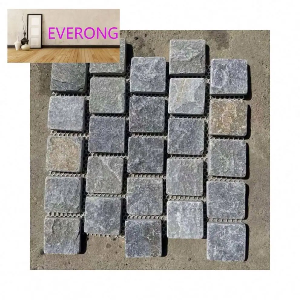 Granite Pavers Driveway Tumbled Cube Natural Stone Mesh Blue Quartzite Cobblestones Mats Sheet Paving Stone Cobblestone