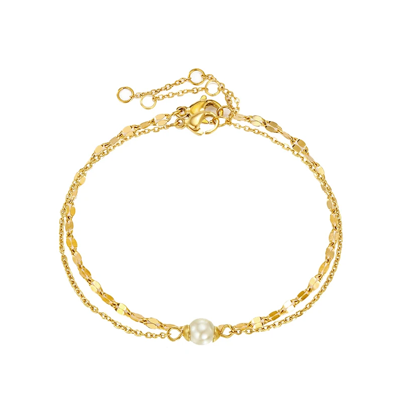 Multi-layered 14K Gold Shell Pearl Chain Thin Lip Chain Bracelets 316L Stainless Steel Jewelry Women Hands Jewel