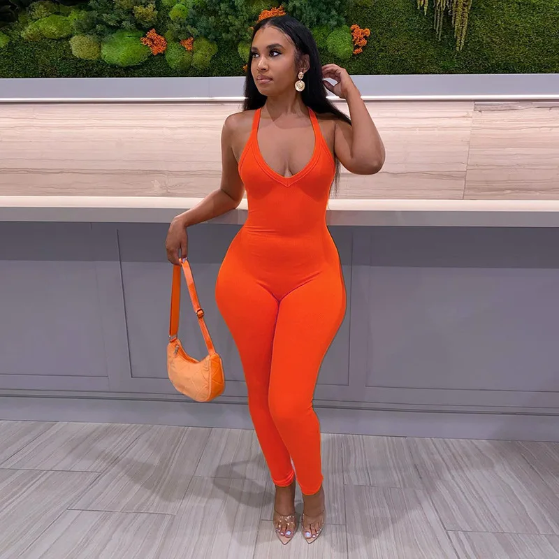 new orange leisure Halter Neck Long Pants Romper summer women sexy Ribbed Jumpsuits