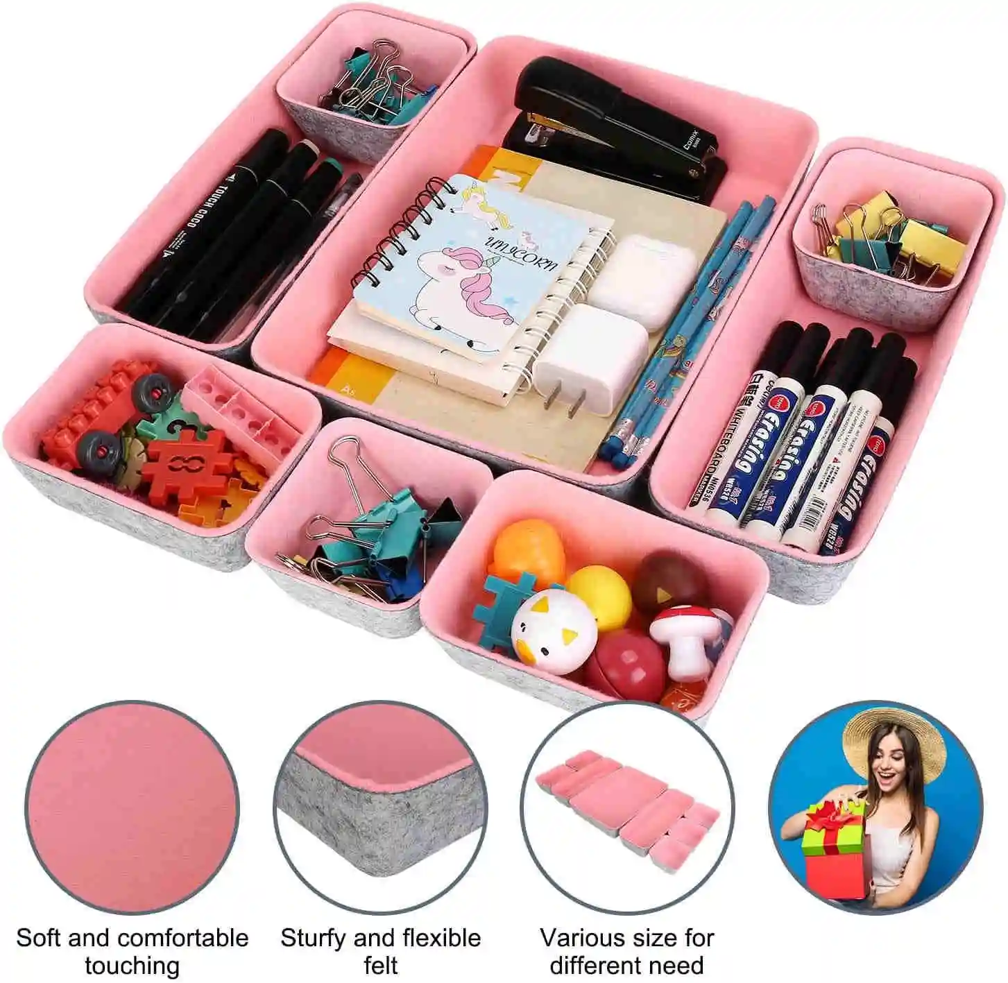 8 Pack Light weight Felt Drawer Organizer Tray desktop Office Gadgets and Jewelry organizer bins