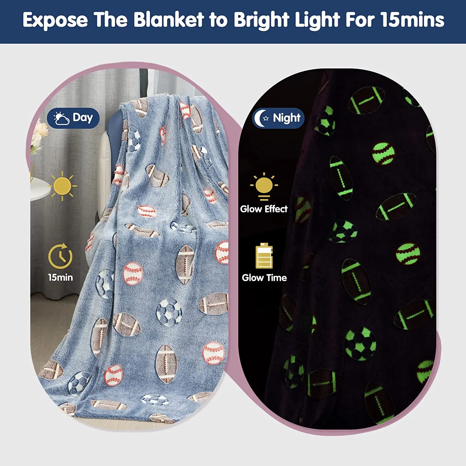 Glow in Dark Throw Blanket Luminous Football Blanket For Boys Cozy Fleece Soft Plush Kids Flannel Blanket