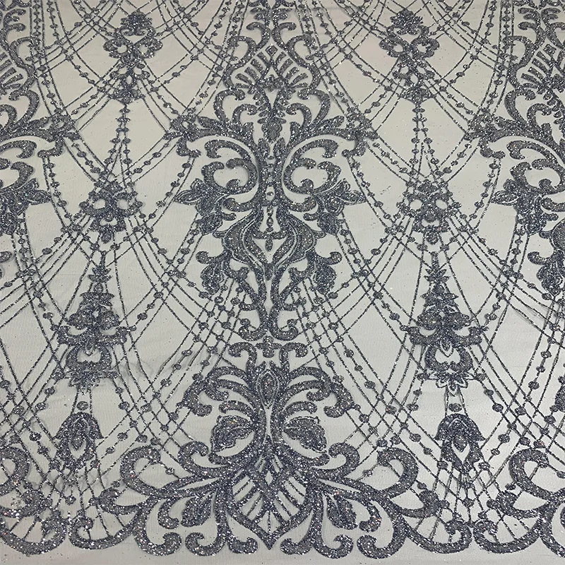 Factory wholesale nigerian tulle mesh glitter crystal sequins wedding dress embroidery dance dress lace fabric