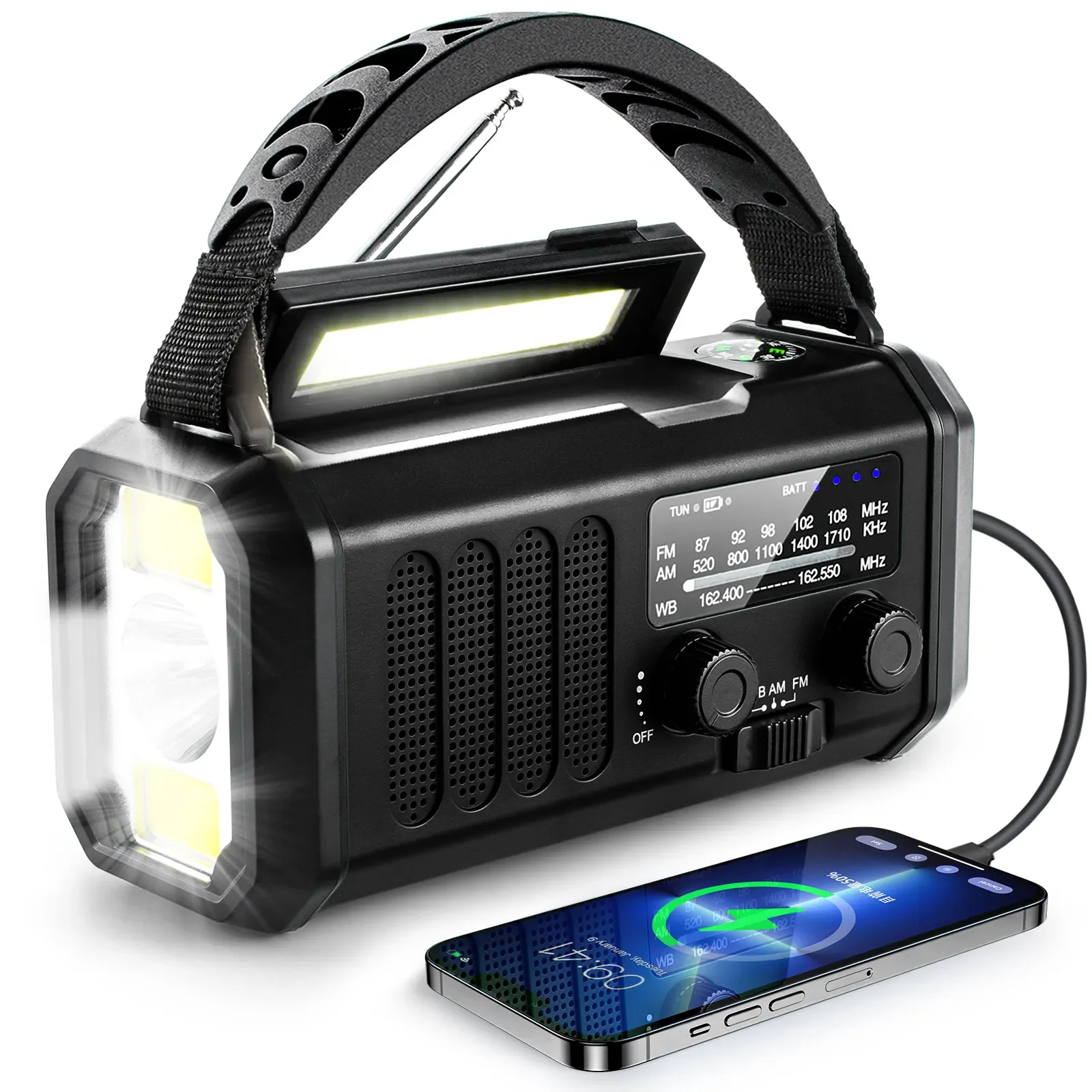 Portable 10000mAh Crank Radio with LED Reading Light Compass Torch NOAA/AM/FM Weather Radio MP3-for Home Emerncy & Solar Use