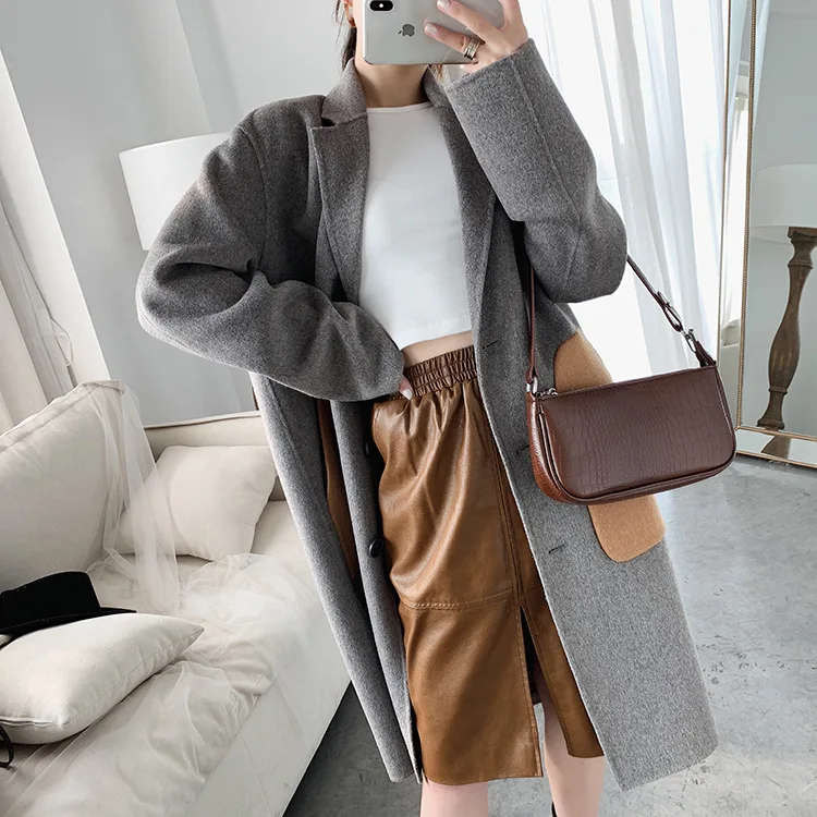 
fashion winter ladies loose single breasted pocket double-sided wool long coat lady casual temperament elegant women coat 